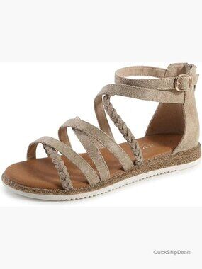 Gladiator Sandals with Back Zipper, PU Leather Strappy Flats for Summer